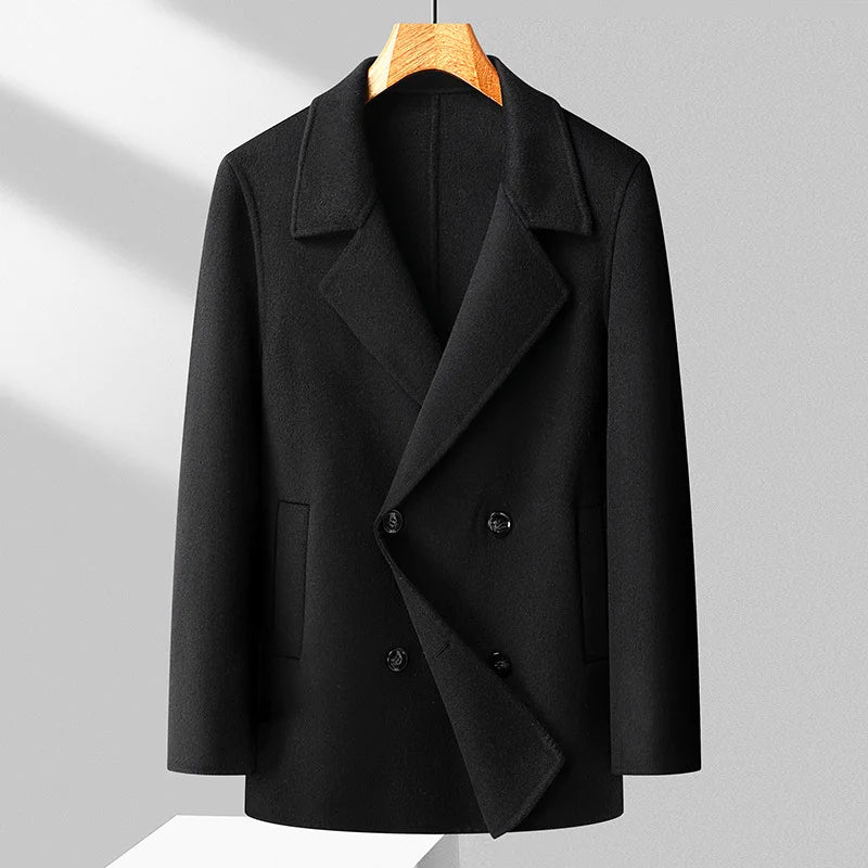 Men's Wool Blend Double-Breasted Coat With Lapel Collar For Office And Everyday Wear