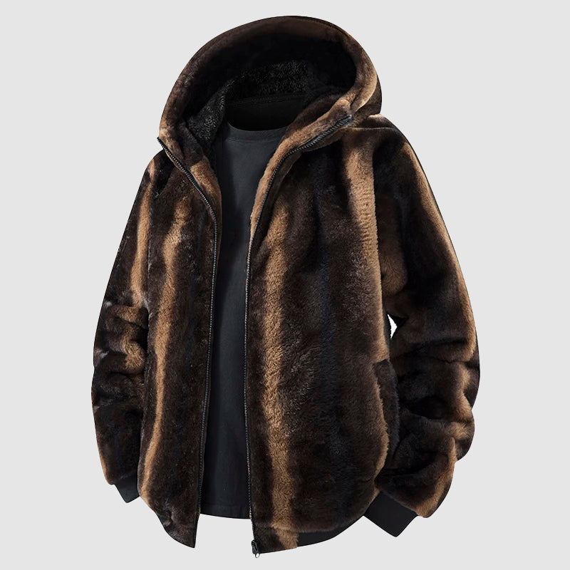 Men's Faux Fur Hooded Jacket With Zipper Front For Warm Casual Streetwear Layering