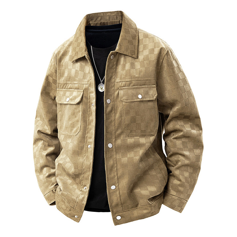 Street-Wave Men's Faux Suede Checkered Jacket With Button Front Closure And Two Chest Flap Pockets