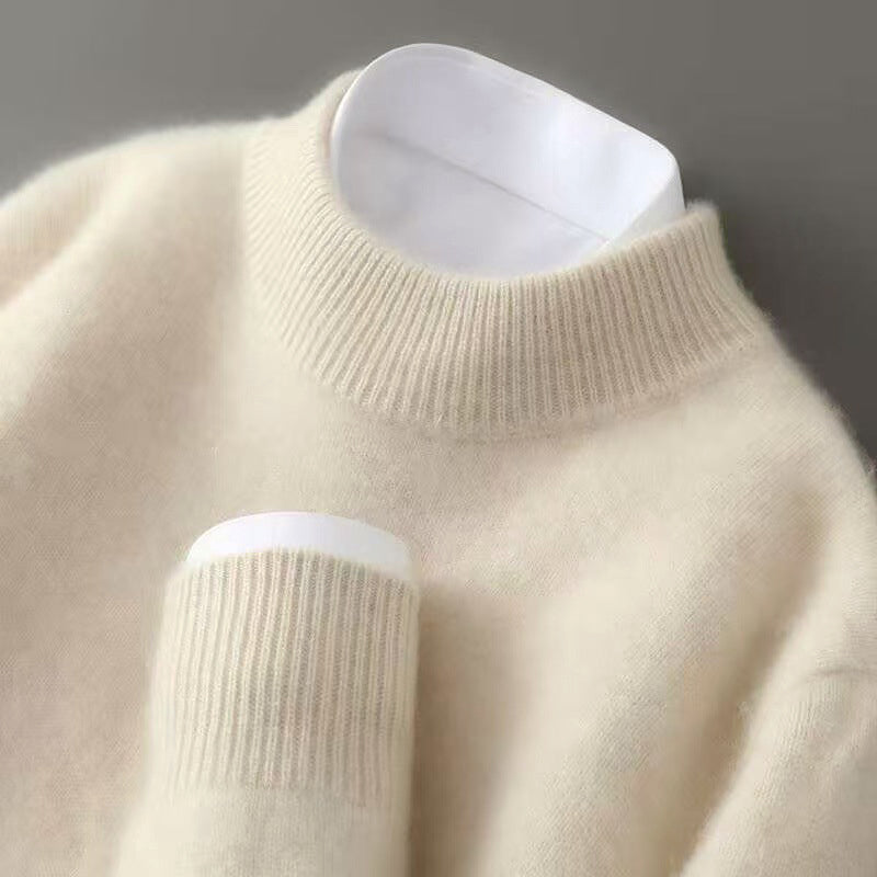 Men's Fine Wool Crew Collar Sweater with Ribbed Neck Cuffs and Hem for Refined Style