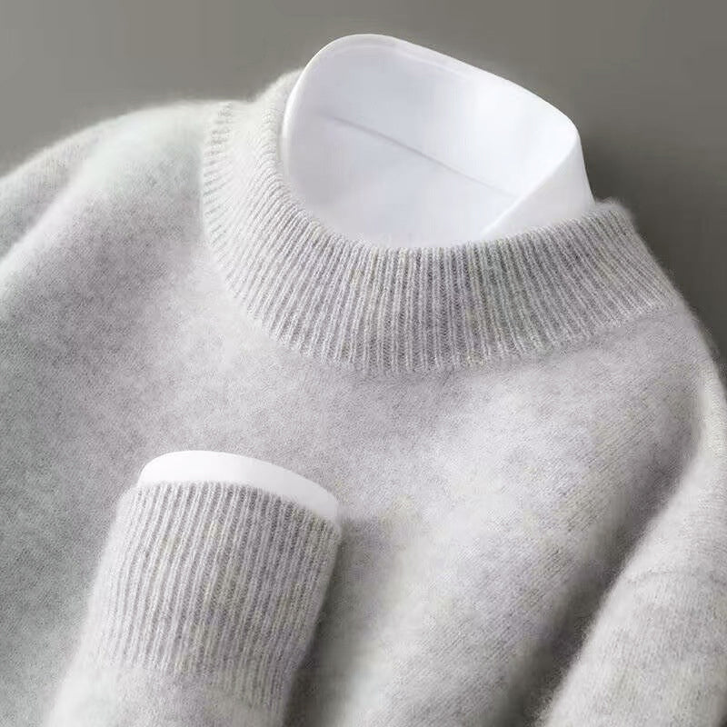 Men's Fine Wool Crew Collar Sweater with Ribbed Neck Cuffs and Hem for Refined Style