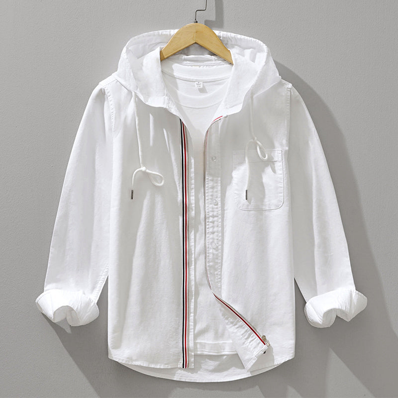 Men's Hooded Cotton Shirt With Zip Front Drawstring Hood Chest Pocket Casual Layering Street-Wave