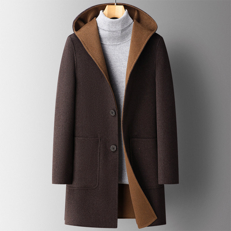 Men's Hooded Wool Blend Coat With Reversible Design In Two Colors Mid Length Slim Fit Outerwear