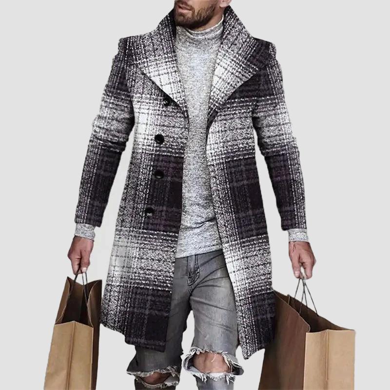 Men's Long Plaid Overcoat With Notched Lapel And Button Closure Winter Outerwear By Street-Wave