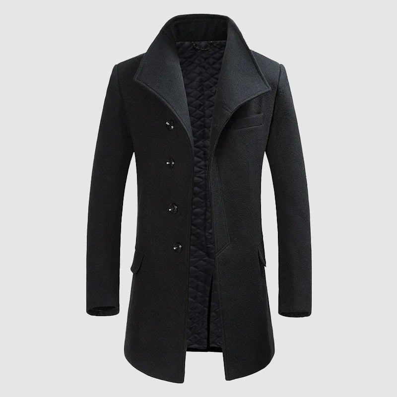 Men's Merino Wool Blend Overcoat With High Collar Tailored Fit For Formal And Semi Formal Occasions