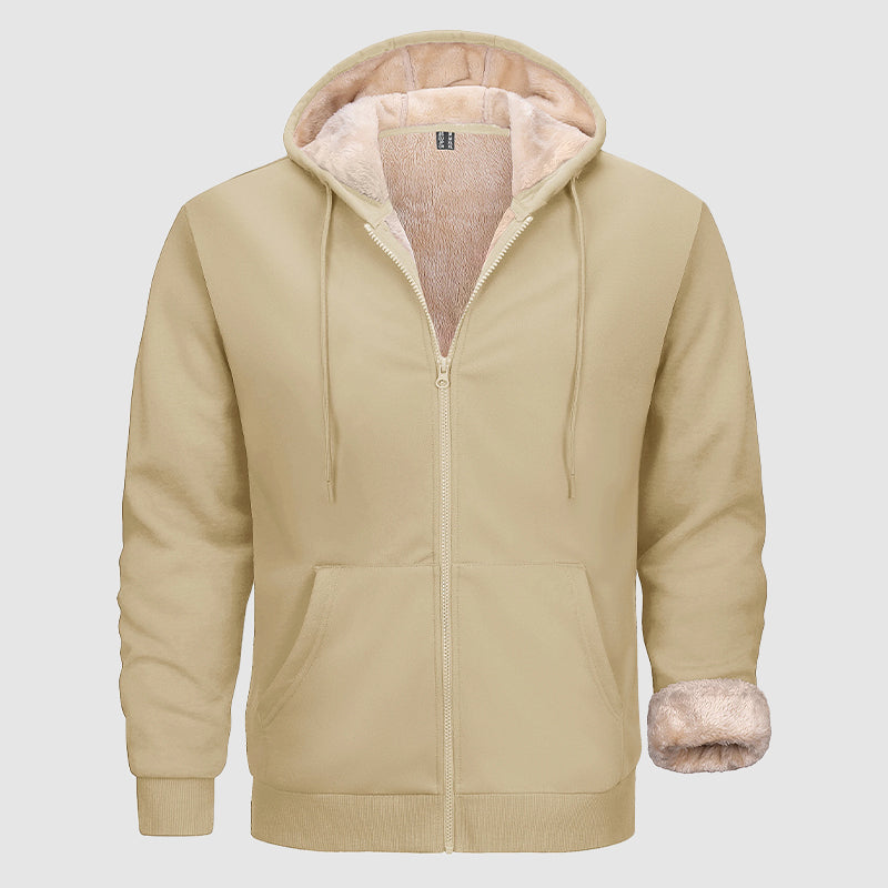 Men's Sherpa Lined Zip Hoodie With Olive Multi Pocket Design For Cold Weather Warm Outerwear Street-Wave