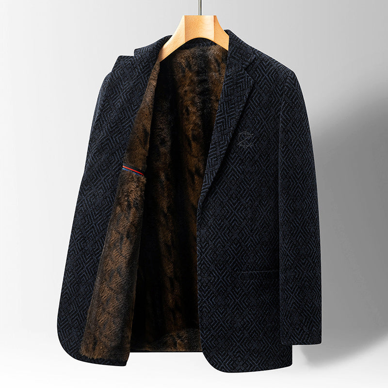 Street-Wave Men's Textured Pattern Coat With Faux Fur Lining Notch Lapel Tailored Winter Outerwear
