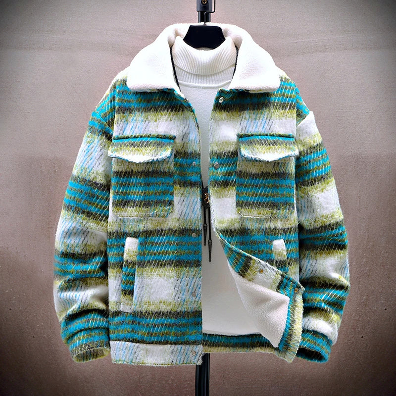 Men's Winter Plaid Jacket With Fleece Lining And Warm Plush Collar For Outdoor Wear