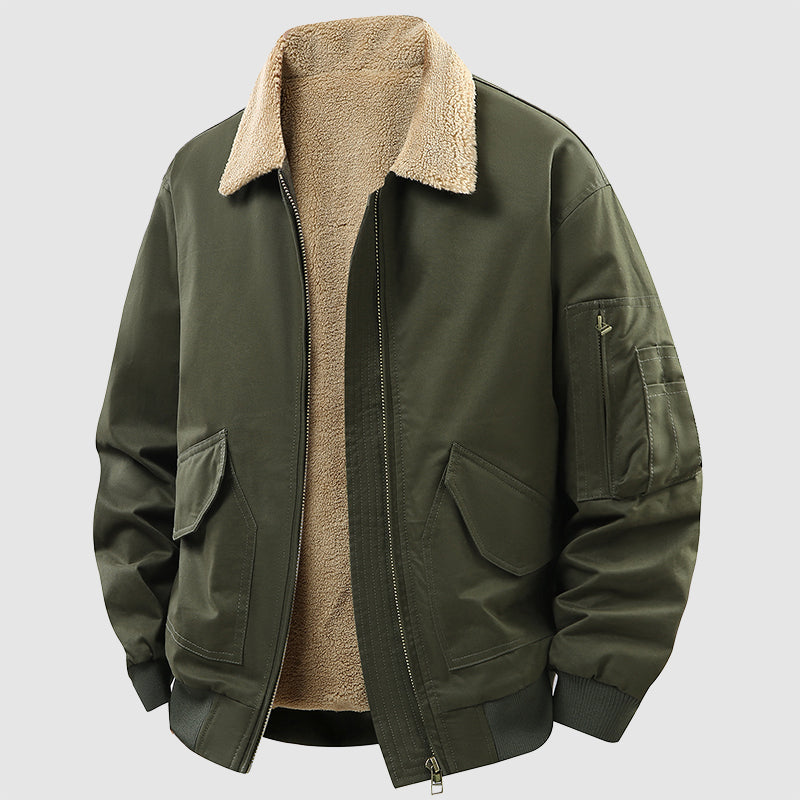 Street-Wave Men's Thick Cotton Bomber Jacket With Fleece Lining For Winter Zip Front Ribbed Cuffs And Pockets