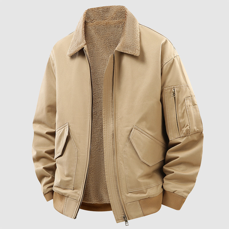 Street-Wave Men's Thick Cotton Bomber Jacket With Fleece Lining For Winter Zip Front Ribbed Cuffs And Pockets
