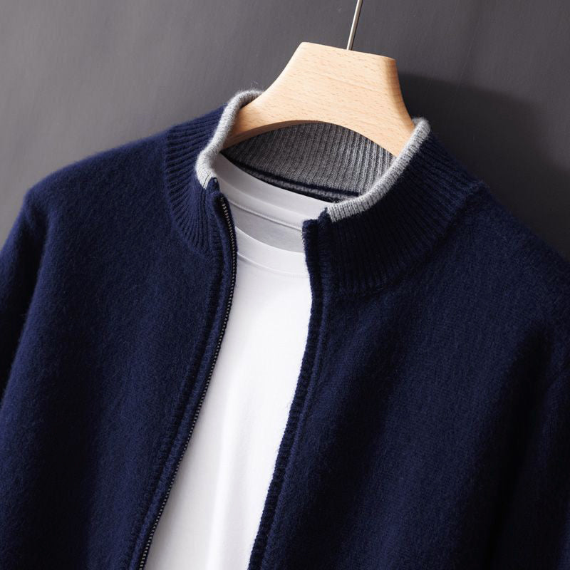 Street-Wave Mens Zip Up Cardigan With Stand Collar And Contrast Trim For Casual To Semi Formal Wear