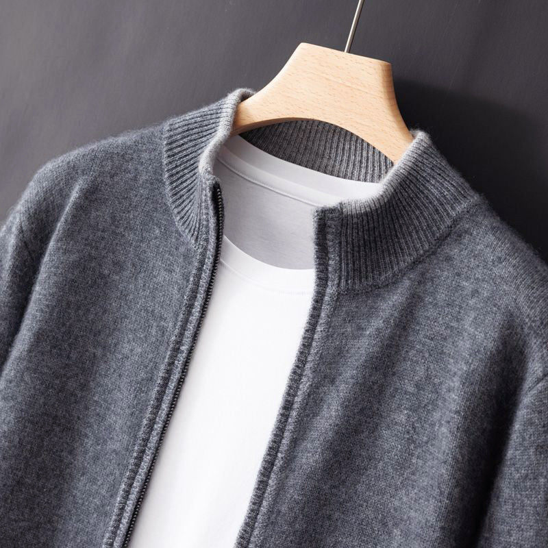 Street-Wave Mens Zip Up Cardigan With Stand Collar And Contrast Trim For Casual To Semi Formal Wear