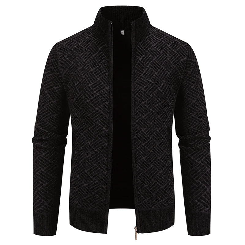 Mens Zip Up Knit Cardigan With Geometric Pattern High Collar For Modern Layering