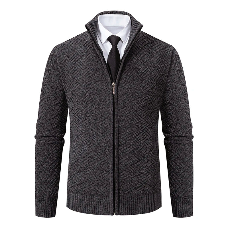 Mens Zip Up Knit Cardigan With Geometric Pattern High Collar For Modern Layering