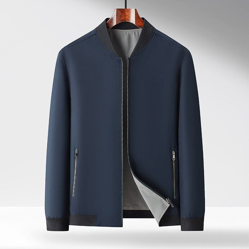 Mens DualTone Reversible Bomber Jacket With Zipper Pockets And Contrast Ribbed Trim