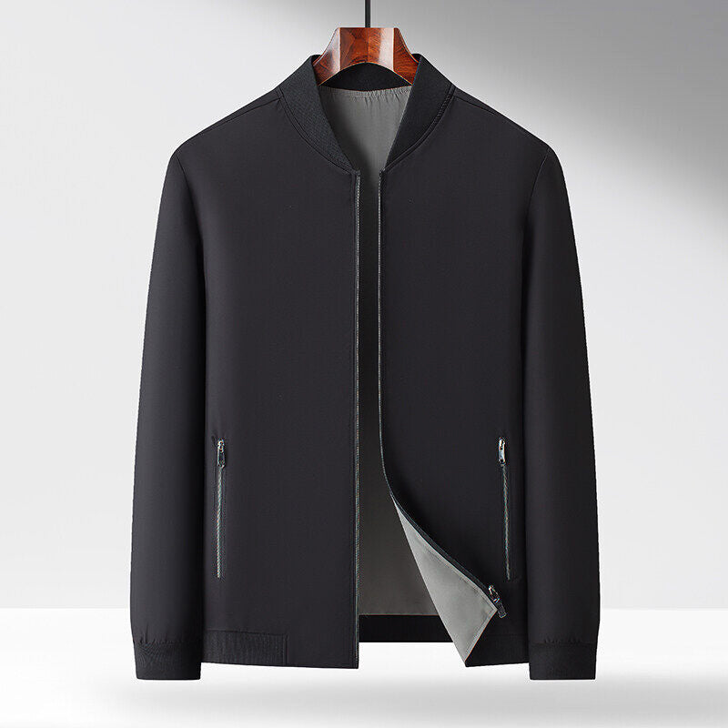Mens DualTone Reversible Bomber Jacket With Zipper Pockets And Contrast Ribbed Trim