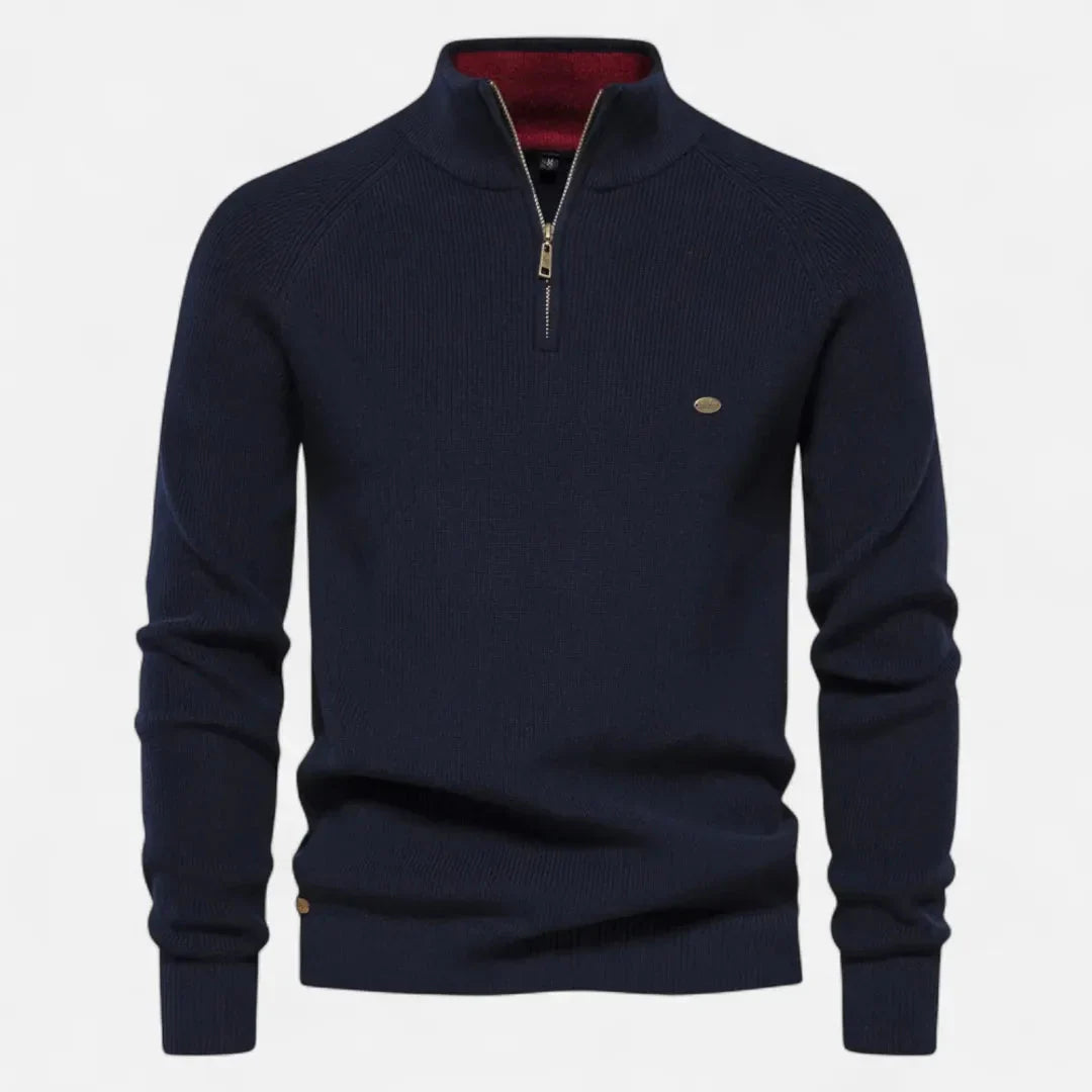Waylynn Mens Half Zip Cotton Knit Sweater Versatile Stand Collar Ribbed Texture