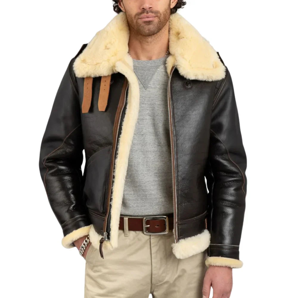 Henry Men's Real Brown B3 Sheepskin Flight Jacket Australian Sheepskin Lining Veg Tanned Cowhide Shell