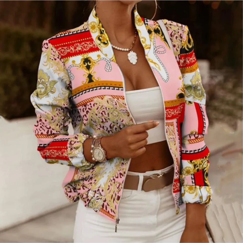 Street-Wave Avelena Vintage Bomber Jacket With Retro Print For Women Eye-Catching Style