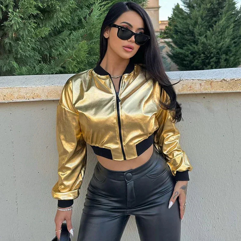 Metallic Cropped Bomber Jacket For Women By Streetwave With Zip Front Round Neck Shine