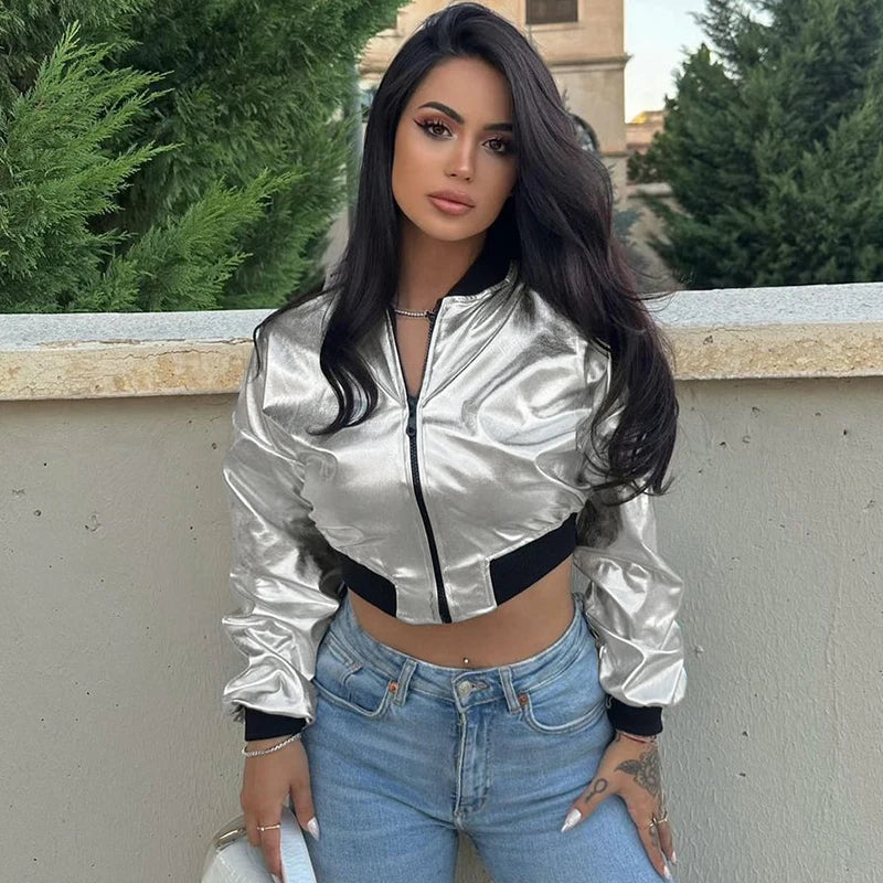 Metallic Cropped Bomber Jacket For Women By Streetwave With Zip Front Round Neck Shine