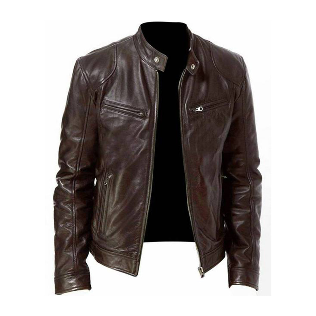 Street-Wave Mens Leather Biker Jacket Slim Fit Stand Collar Zipper Premium Black