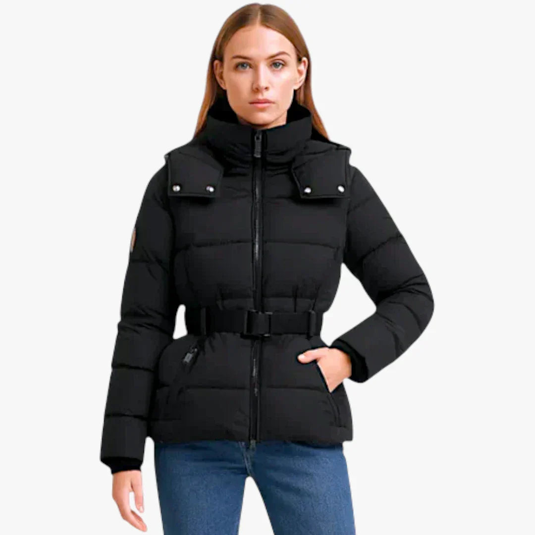 Streetwave Women's Puffer Jacket With Belt And Hood, Water Repellent Outer Shell For Winter Warmth