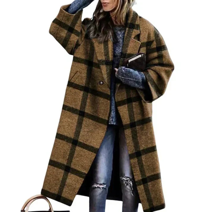Street Wave Women's Colorful Plaid Wool Long Coat With Belt And Lapel Collar Warmth For Cold Weather