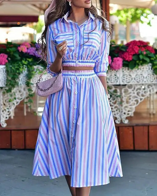 Streetwave Dianthia Top And Skirt Set Navy Palm Print For Women Versatile Chic Office