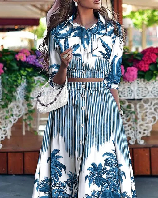 Streetwave Dianthia Top And Skirt Set Navy Palm Print For Women Versatile Chic Office