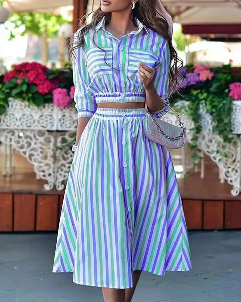 Streetwave Dianthia Top And Skirt Set Navy Palm Print For Women Versatile Chic Office