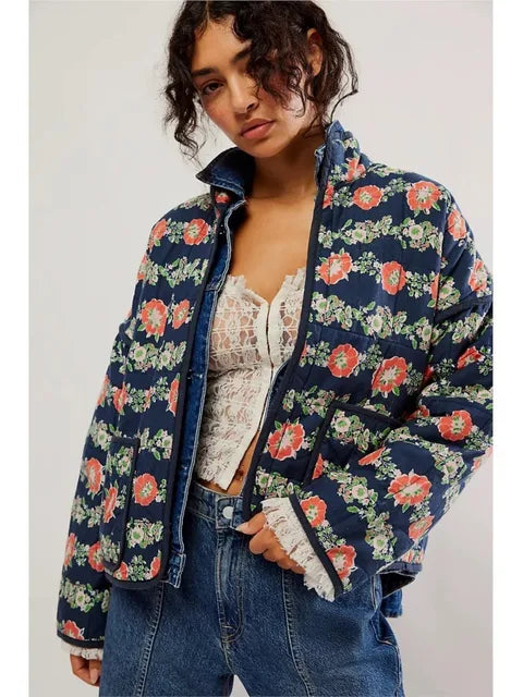 Streetwave Vintage Floral Jacket For Women Figure Flattering Retro Bomber Coat Chic