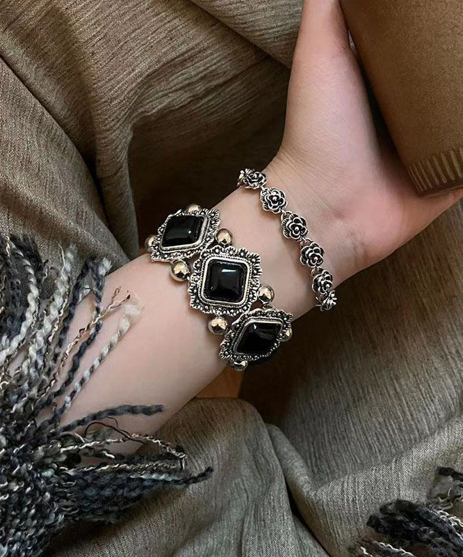 Bracelet moderne en argent sterling noir avec pierres précieuses et motif floral, deux pièces - Street-Wave