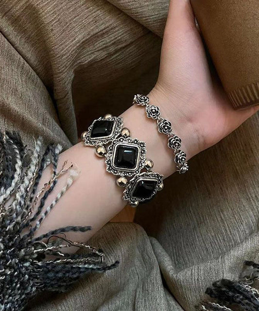Bracelet moderne en argent sterling noir avec pierres précieuses et motif floral, deux pièces - Street-Wave