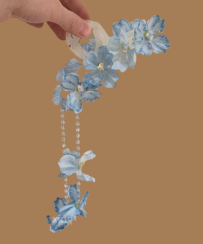 Épingle à cheveux moderne en alliage bleu avec perles florales et pompon - Street-Wave