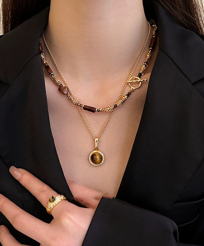 Ensemble de deux colliers modernes avec pendentif en pierre œil de tigre en alliage de cuivre doré - Street-Wave