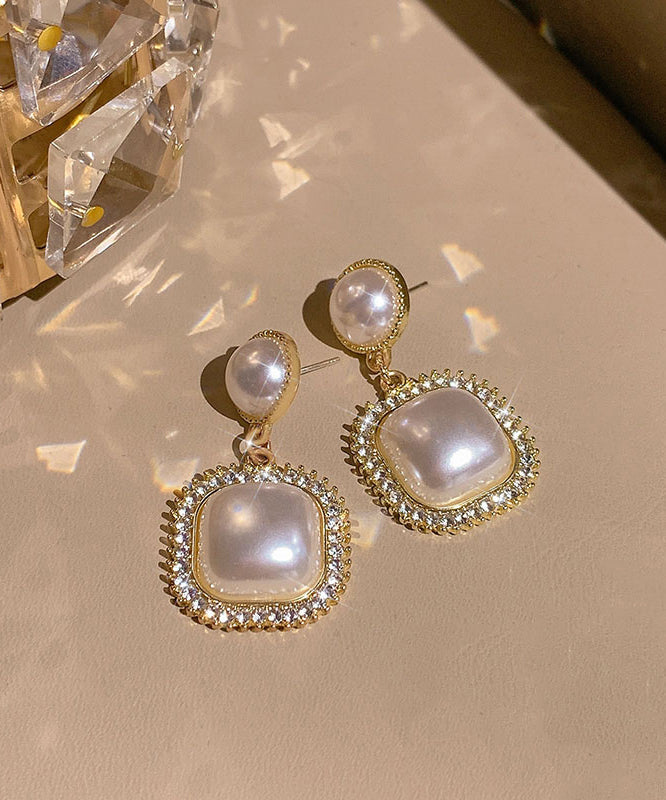 Boucles d'oreilles pendantes modernes en alliage de cuivre doré et perles de zircon - Street-Wave