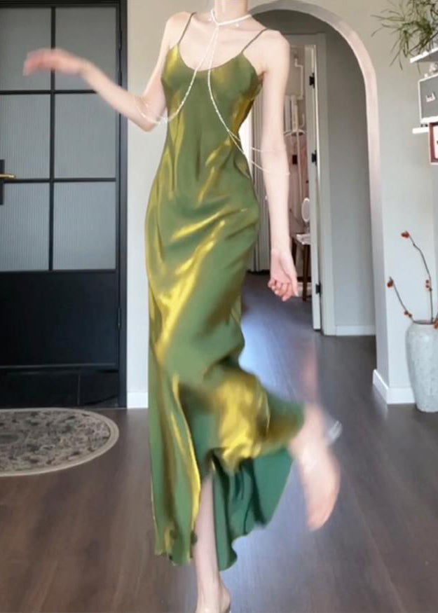 Robe longue drapée en soie verte moderne à col bateau et bretelles spaghetti sans manches - Street-Wave