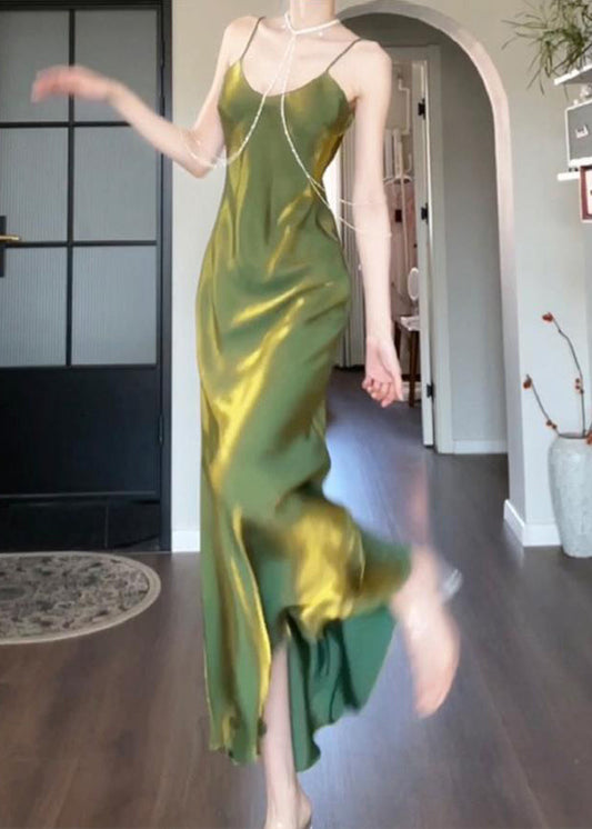 Robe longue drapée en soie verte moderne à col bateau et bretelles spaghetti sans manches - Street-Wave
