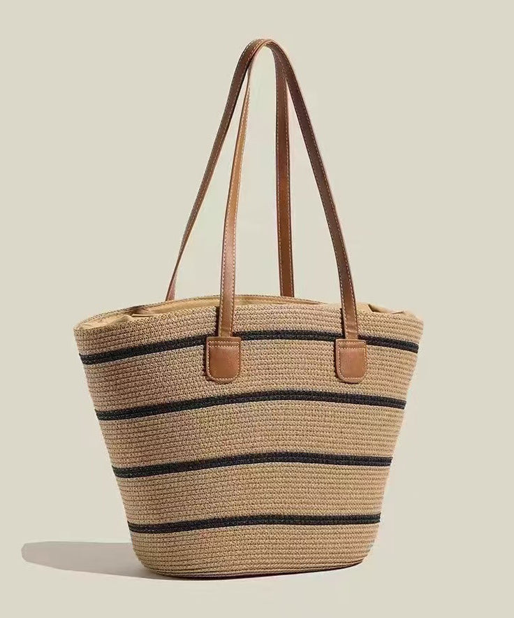 Sac fourre-tout moderne en paille tissée à rayures kaki de grande capacité - Street-Wave