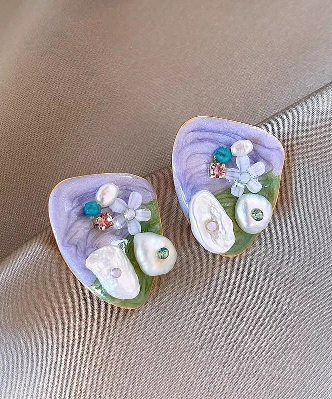 Boucles d'oreilles à tige modernes en alliage violet clair avec perles de riz florales en zircon - Street-Wave