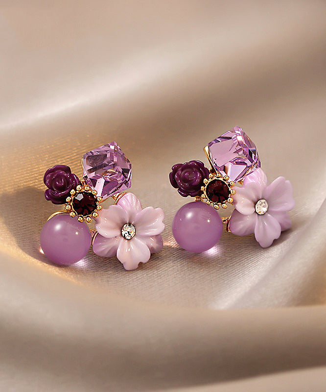 Boucles d'oreilles à tige modernes en argent surdoré violet et cristal - Street-Wave