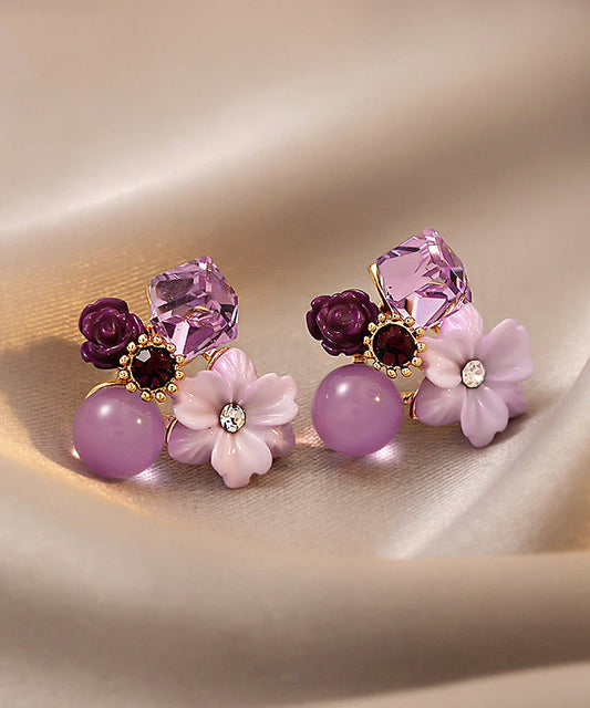 Boucles d'oreilles à tige modernes en argent surdoré violet et cristal - Street-Wave