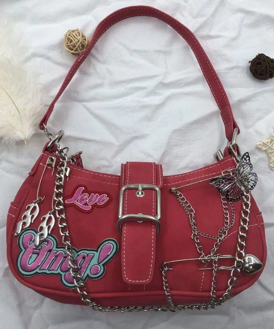 Sac à main moderne en similicuir avec chaîne brodée rouge - Street-Wave