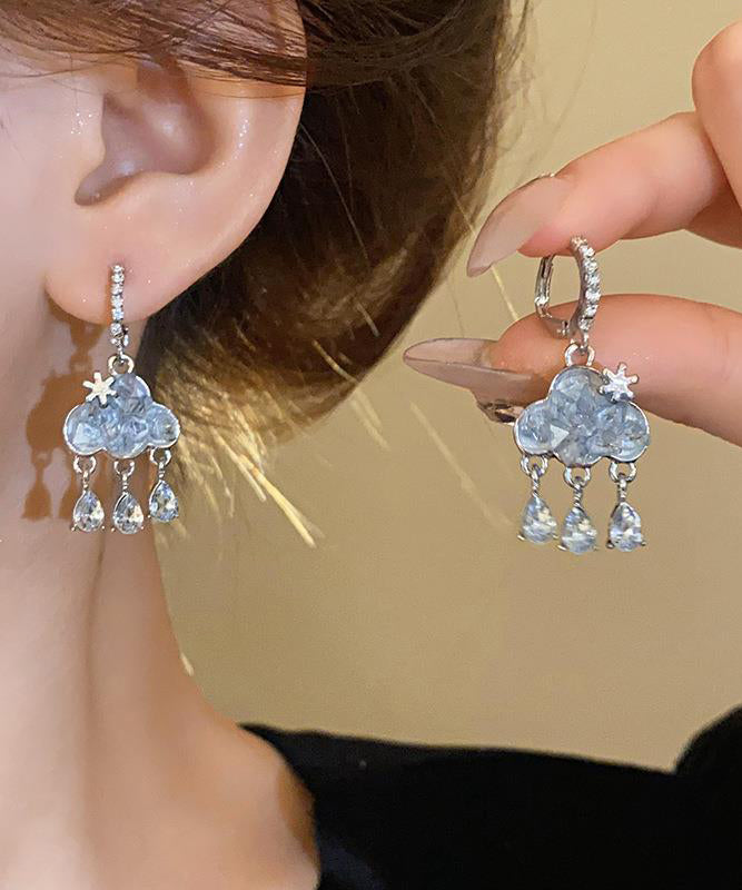 Boucles d'oreilles pendantes modernes et élégantes en argent sterling avec pampilles en forme de nuage et zircon bleu - Street-Wave