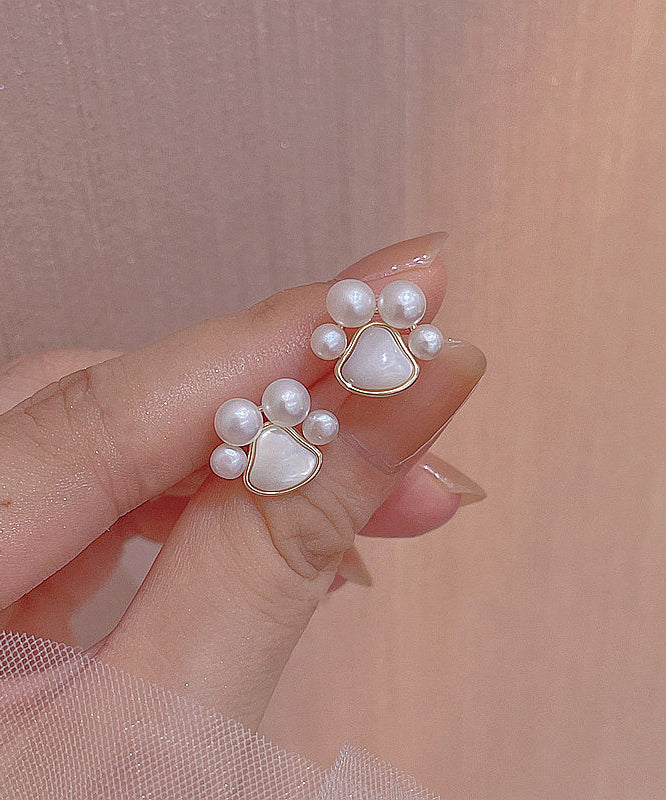 Boucles d'oreilles puces modernes en alliage de cuivre blanc, perle et coquillage, en forme de patte de chat - Street-Wave