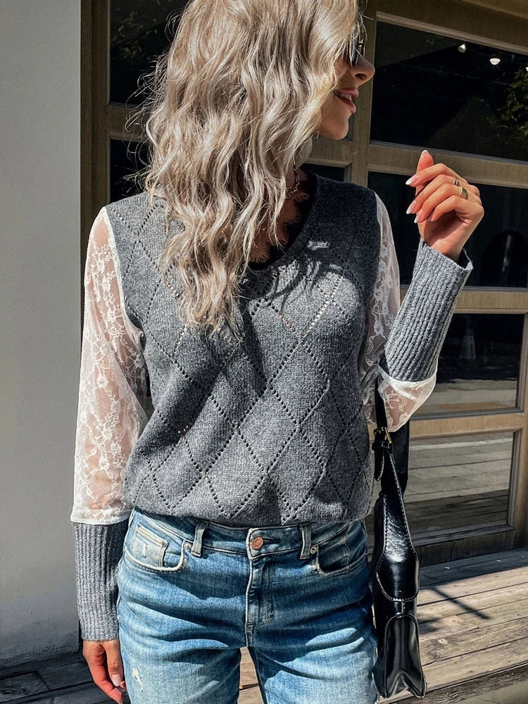 Streetwave V Neck Knit Top With Lace Sleeves For Women Chic Layered Look Soft Knit Comfort