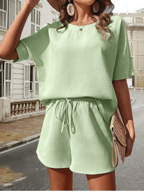Street-Wave Two-Piece Summer Set For Women Breathable Waffle Knit Top And Shorts Chic Comfortable Warm Weather Outfit