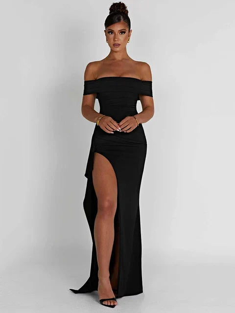 Women's Evening Dress - Off-Shoulder - Fitted - High Slit - Elegant Formal Look