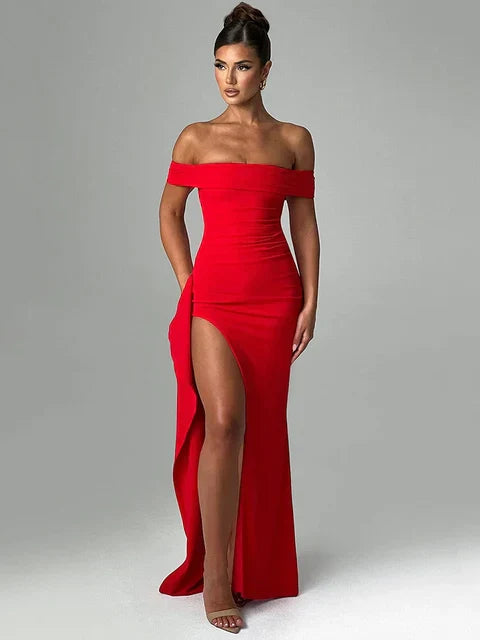 Women's Evening Dress - Off-Shoulder - Fitted - High Slit - Elegant Formal Look